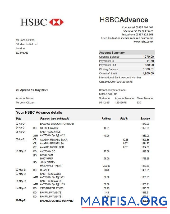 Printable United Kingdom HSBC bank statement excel example